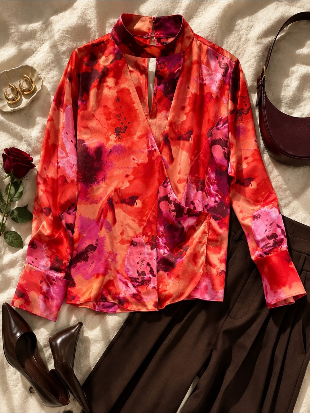 BOLD Elements Floral Satin Wrap Blouse XXL Red Pink Choker Neck Y2K